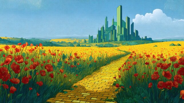 Stunning photo of yellow brick road leading through poppy field to green emerald city in the distance. Wizard of Oz concept.