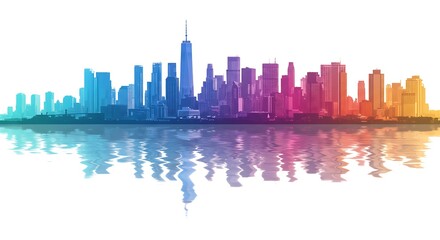 Obraz premium Colorful Skyline Reflection: Modern Cityscape with Vibrant Water Reflections