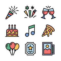 Party Icons: A colorful collection of party icons, including a confetti cannon, fireworks, wine glasses, a birthday cake, a musical note, a pizza slice, balloons, a ticket, and a framed photograph.