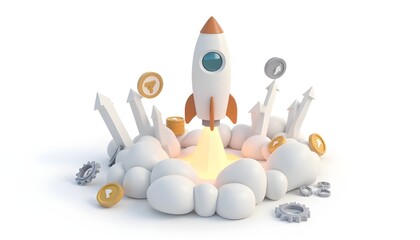 Business startup launch concept with a 3D rocket, growth arrows, coins, and gears on a white background.