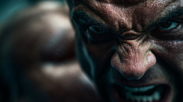 Extreme close up of an angry man with clenched teeth and furrowed brow showing intense emotion
