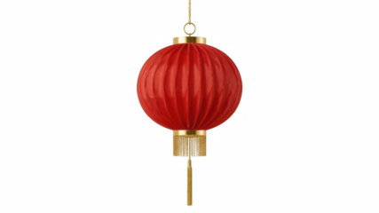 Red Chinese lantern hanging with golden tassel on white background  
