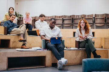 A creative and collaborative group of students studying and discussing ideas in a modern classroom...