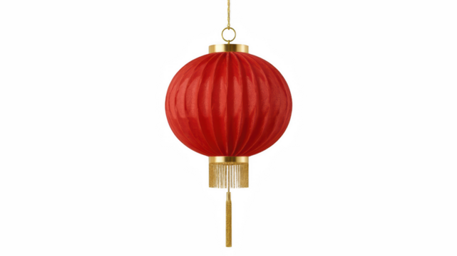 Red Chinese lantern hanging with golden tassel on white background  