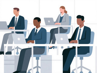 Vector illustration of diverse business people working on laptops in modern office, minimal color palette on white background