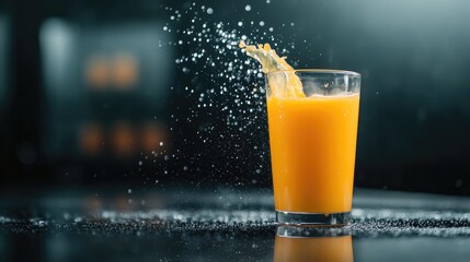 A glass of orange juice with a splash