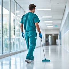 Hospital Cleaner Mopping Floor. Man in scrubs, Corridor Cleaning, Sanitization , Hygiene