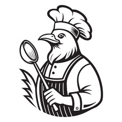 cartoon vector illustration of a chef holding a chicken and a spoon with a smiling face and chef hat