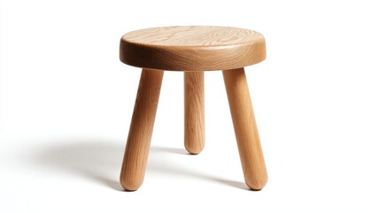 Stunning photo of wooden stool with round seat, three legs on white background. Simple minimalist design, clean lines. Natural wood grain texture. Scandinavian style furniture.