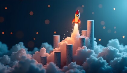 Business success and growth metaphor with a rocket launching through clouds above chart-like pillars.