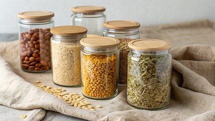 reusable organic sustainable eco products+packaging living concept Various jars filled with grains and nuts, arranged on a neutral cloth background.