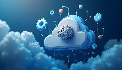 Artificial intelligence in cloud computing concept, with a brain inside a cloud icon connected to data processing elements.