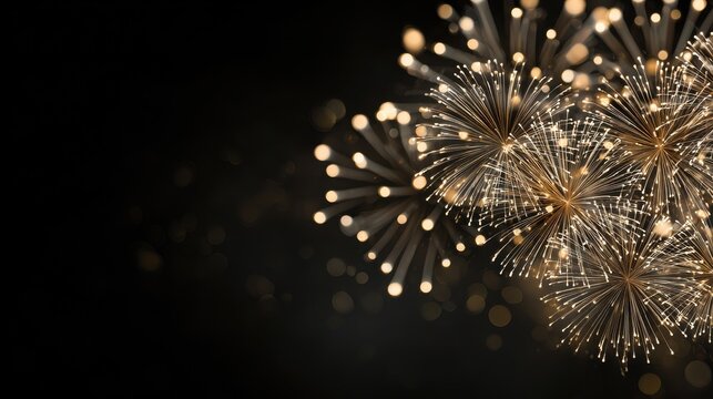 Stunning photo of gold fireworks on black background with copyspace.