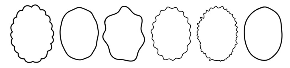 Wavy frame border set. Retro scallop circle shape line. Vector fun abstract oval in ink doodle style.