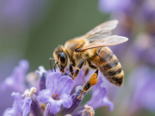 Macro photography of a honeybee on lavender flower with natural light, sharp details, blurred background (bokeh)