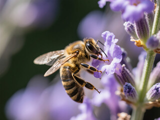 Macro photography of a honeybee on lavender flower with natural light, sharp details, blurred background (bokeh)
