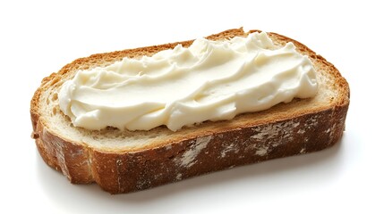 Delicious slice of toasted bread with creamy butter or cream cheese isolated on white