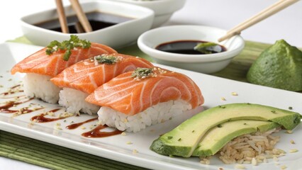 Salmon nigiri avocado slices soy sauce sushi
