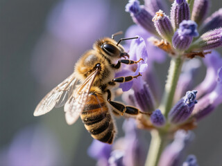 Macro photography of a honeybee on lavender flower with natural light, sharp details, blurred background (bokeh)