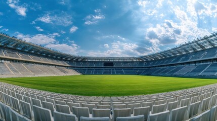 Stunning photo of panoramic view of soccer stadium with empty seats on rich green grass. Concrete stadium stands tall outdoors. Stadium seats row after row for large crowd.