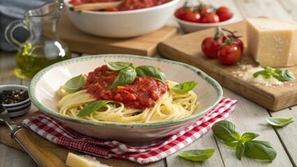 Spaghetti with tomato sauce and basil parmesan cheese