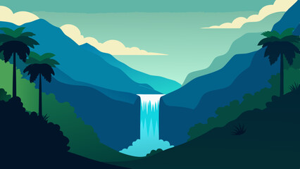 Serene tropical landscape with a majestic waterfall cascading down blue mountains © amenagraphics