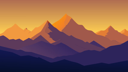 Geometric mountain range under a warm orange sunset sky