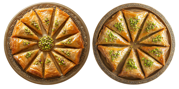 Set of Middle Eastern baklava triangles with pistachio isolated on transparent or white  background