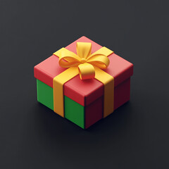 Obraz premium A 3D render of a gift box with teal and orange stripes, tied with a matching orange ribbon and bow, set against a dark background.