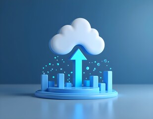Cloud data upload and business growth concept with upward arrow and bar charts.