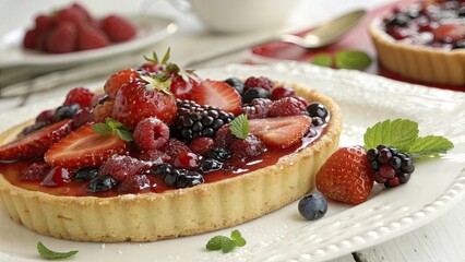 Vibrant berry tart with glossy glaze strawberry raspberry