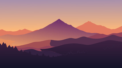 Serene mountain landscape at sunset with purple and orange hues