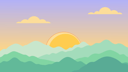 Stylized sunrise over layered green hills with soft clouds in a pastel sky