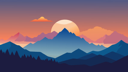 Vibrant sunset over layered mountain peaks with a silhouette of pine trees
