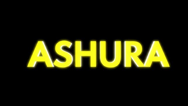 Minimalist animation with the word "ASHURA" in vibrant yellow and glowing white outline on a stark black background&mdash;bold, spiritual, and respectful visual for observance content.

