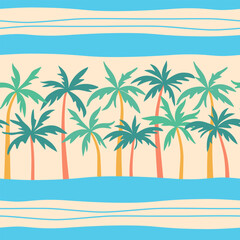 Palm trees vector seamless pattern. Tropical beach design with palms and blue wavy stripes on sand beige background. Exotic summer island vacation repeat tile in flat cartoon style for fabrics, decor
