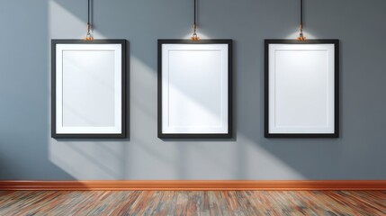 Stunning photo of three frames on wall mockup blank poster. Wooden frames mock up empty print background. Wood picture frames in room. Gallery design realistic modern interior.