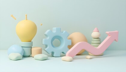 Creative business growth and innovation strategy concept with 3D pastel icons of a lightbulb, gear, and upward arrow.