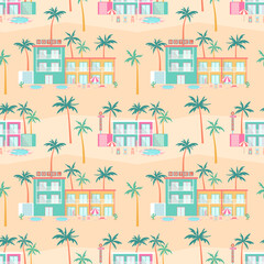 Tropical hotel seamless pattern. Poolside resort landscape with colorful hotel buildings, palm trees, sun loungers, parasols, retro motel signs on sand desert background in mid-century modern style
