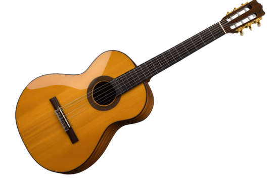 Acoustic guitar displayed on a transparent background showcasing its elegant design and craftsmanship for music enthusiasts and artists alike