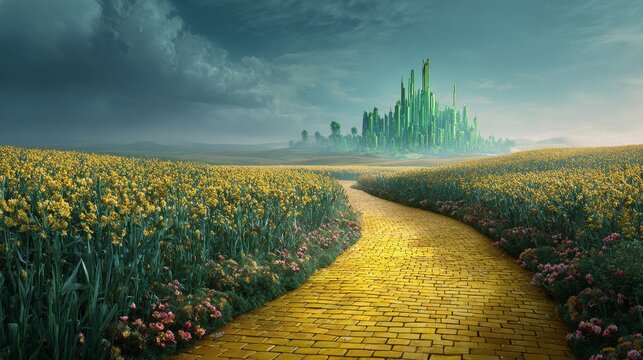 Stunning photo of yellow brick road leading through poppy field to green emerald city in the distance. Wizard of Oz concept.