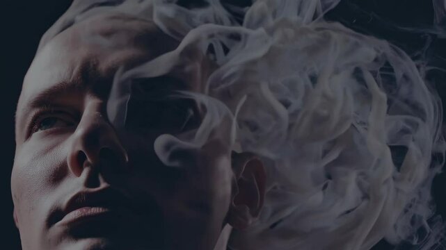 A whispering, translucent demonic silhouette behind a human head, smoke tendrils entering ears, dark tones, soft focus, psychological horror-inspired lighting