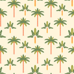 Palm trees vector seamless pattern illustration. Modern tropical summer repeating design with stylized symmetrical exotic island plants on a light background for fabric, decor in flat retro style
