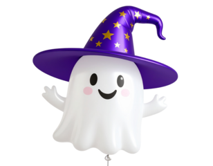 Cute Ghost Foil Balloon Wearing a Witch Hat with Sparkling Stars, Isolated on Transparent Background