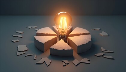 Disruptive innovation concept with a glowing lightbulb at the center of a broken pie chart, representing a new idea changing the market.