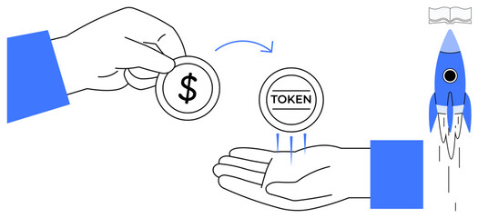 Hand giving dollar coin, receiving token in exchange, rocket taking off symbolizing growth, innovation. Ideal for cryptocurrency, startup funding, financial exchange, blockchain, entrepreneurship