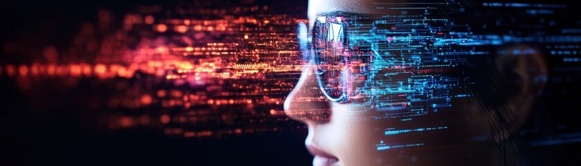 Obraz premium Futuristic woman wea glasses surrounded by digital data and glowing holographic interface technology