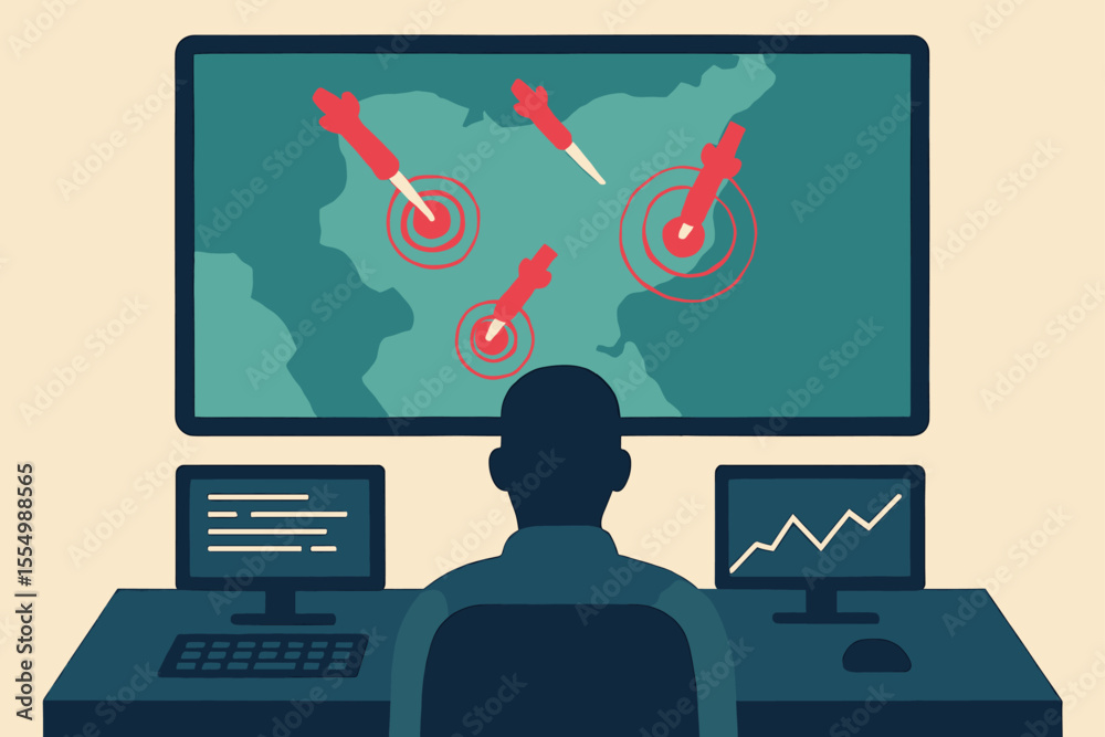 Poster man monitoring a world map with target markers on multiple computer screens