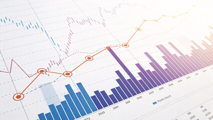 Financial market analysis with rising trend line and bar chart data