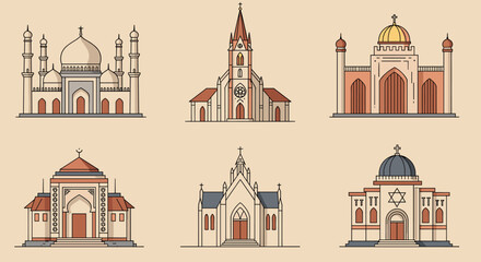 Obraz premium Simple Line Art Illustrations of Diverse Religious Structures